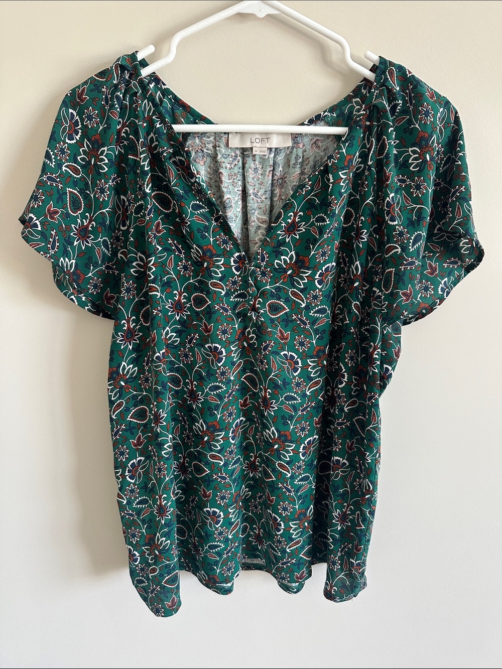 LOFT Teal Green Floral V-Neck Short-Sleeve Blouse with Knit Back